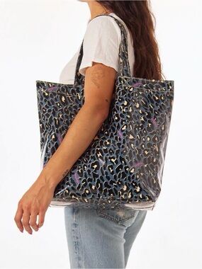 Consuela Blue Leopard Print Tote with Pink Accents